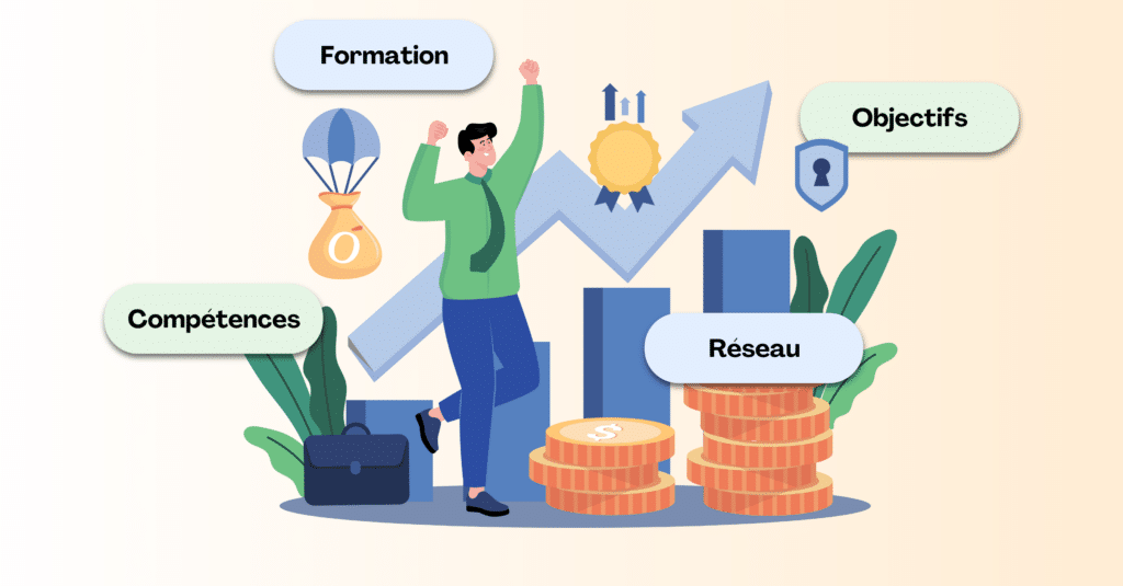 Illustration d'un professionnel avec une flèche ascendante, symbolisant la progression de carrière, l'optimisation de l'employabilité et la reconversion en 2025.